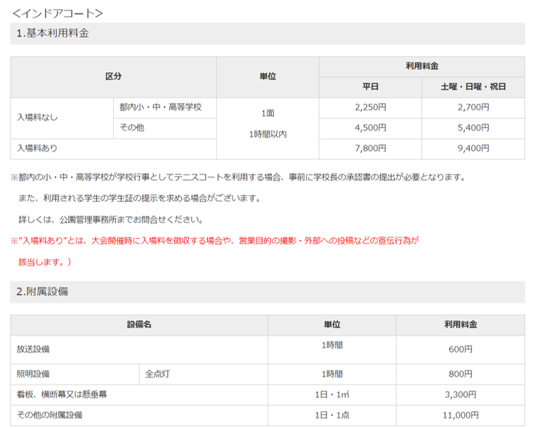 カマたく杯に利用されたテニスコートである有明テニスの森インドアコートの利用料金。  基本利用料金
区分によって1面一時間当たりの利用料金が異なる
区分(すべての区分で1面1時間以内の料金)
入場料なし
都内小中高等学校：平日2250円、土日祝日2700円
その他：平日4500円、土日祝日5400円
入場料あり：平日7800円、土日祝日9400円  付属設備
放送設備：1時間当たり600円
照明設備：1時間当たり800円
看板、横断幕または懸垂幕：1日1㎡あたり3300円
その他の付属設備：1日1点：11000円